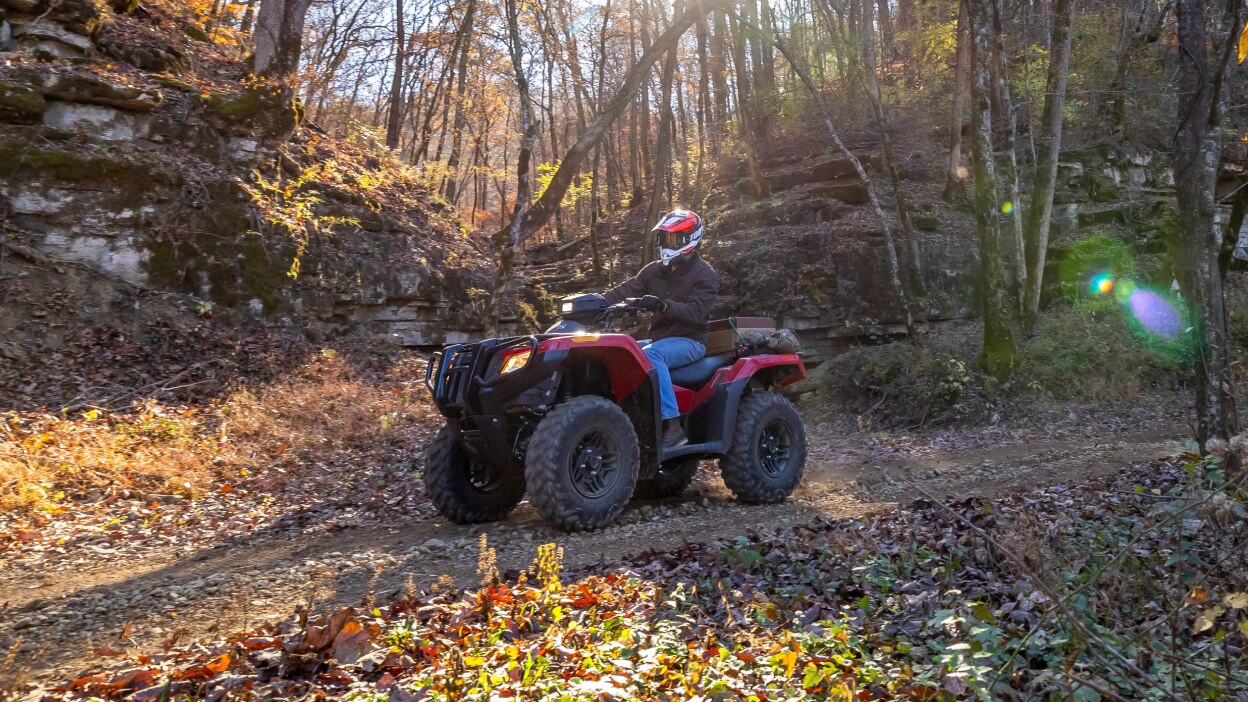 A rider on a Honda Rubicon 700 on a leafy trail 