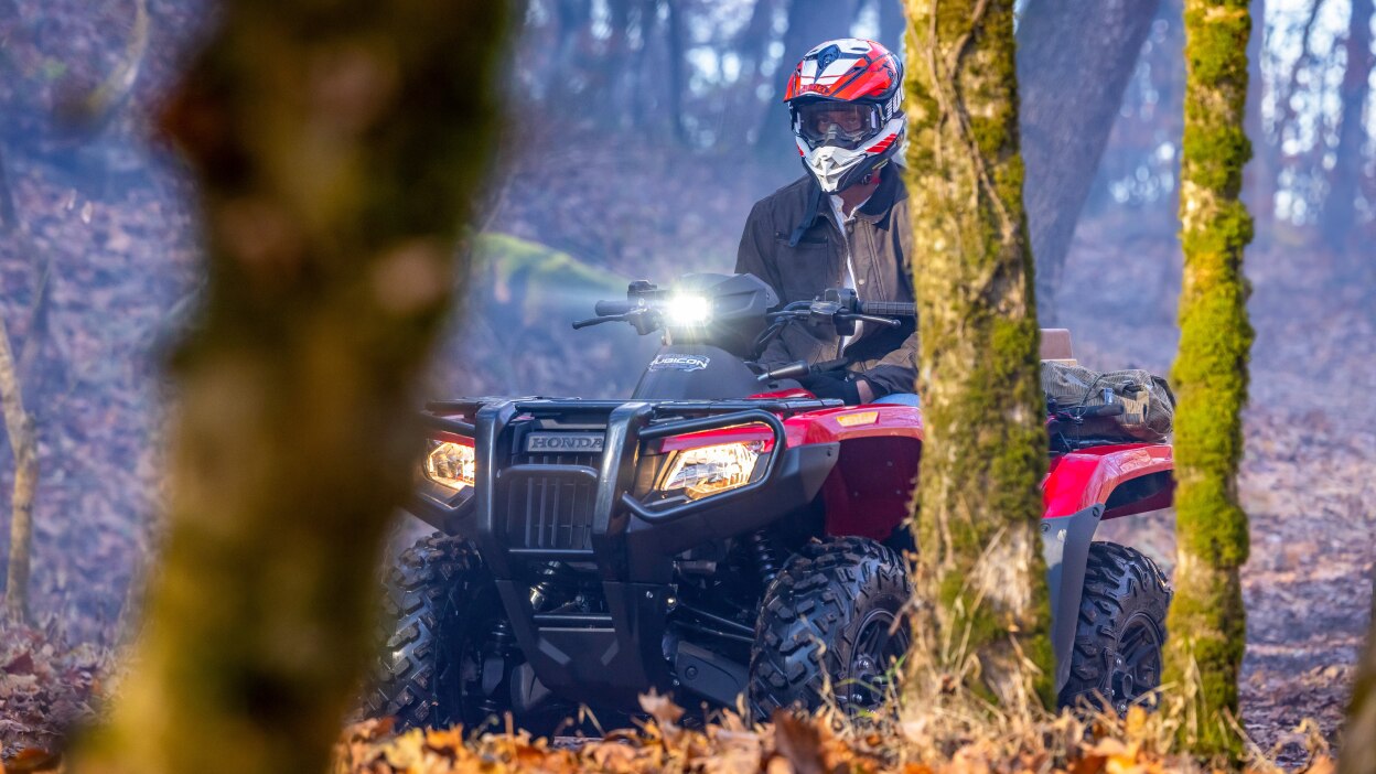 A rider behind some trees in the foreground on a Honda Rubicon 700 