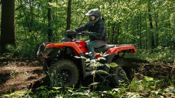 A rider in the forest taking a Rubicon over rugged trail. 