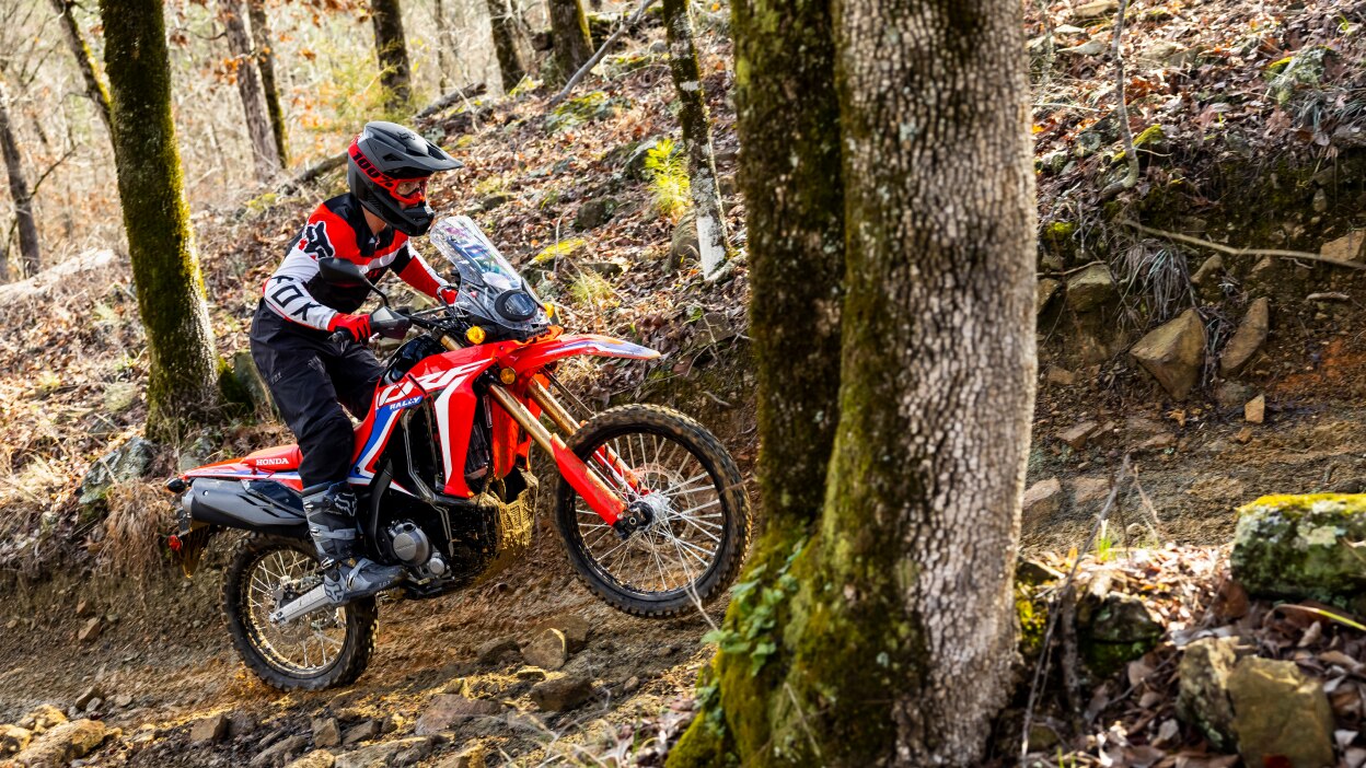 A rider on a Honda Dual Sport dirt bike riding on a rugged trail in the fall
