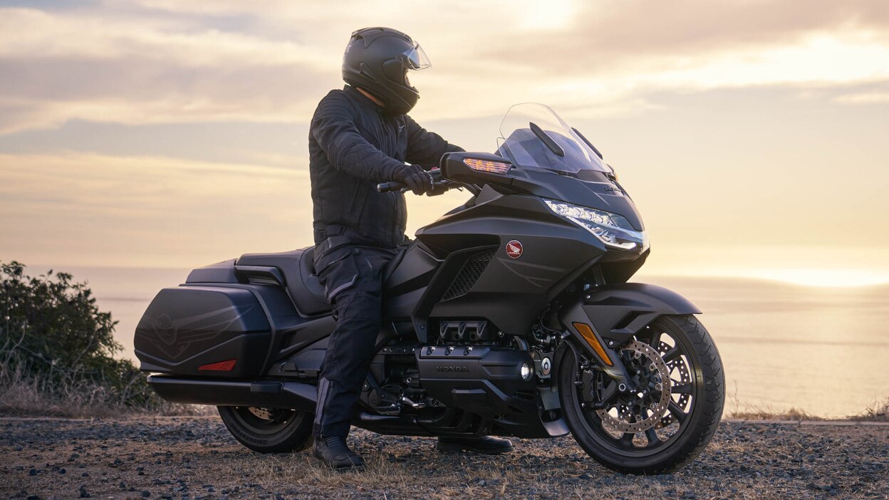 Right angle view of rider sitting on Gold Wing.