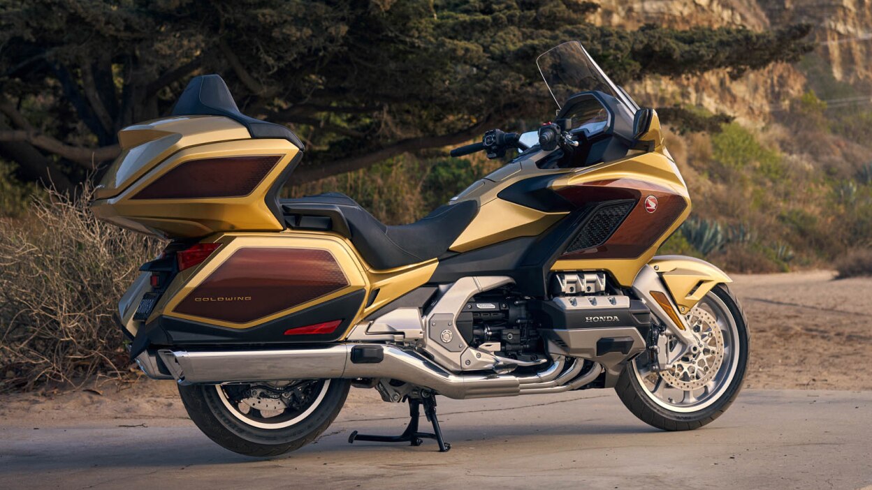 Right facing view of Gold Wing stationary on stands.