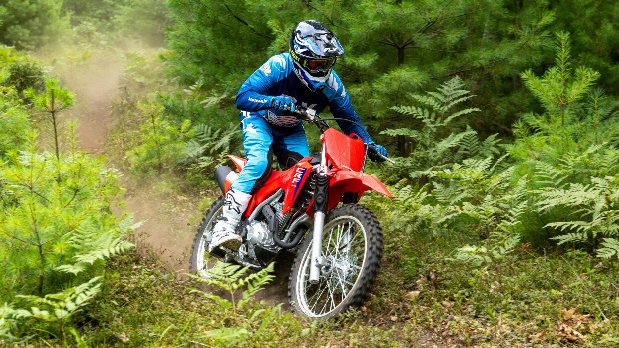 Rider on CRF300F going right on trial. Green bushes in background.