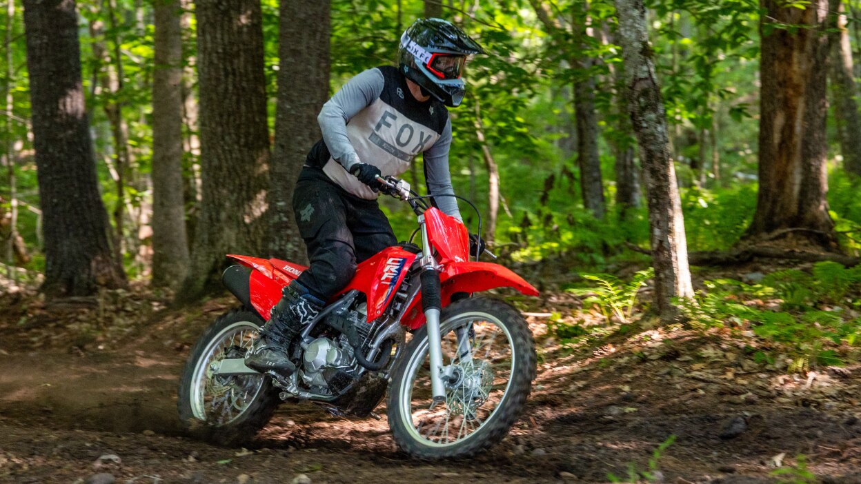 Rider on CRF300F going right. Forest landscape and trees in background.